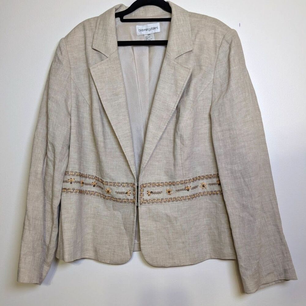 Vintage 90s Bloomingdale’s 100% Linen Beaded Blazer 18W Plus Tan Boho Coastal - Picture 2 of 9
